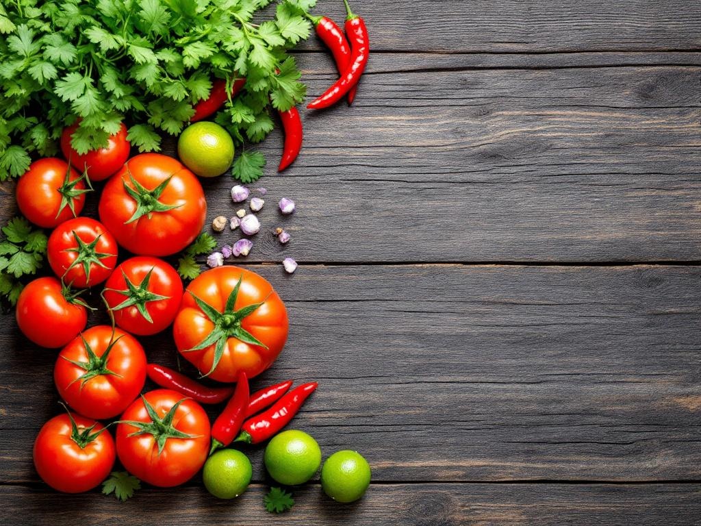 Vibrant display of fresh ingredients including ripe tomatoes, cilantro bunches, limes, and chilies on rustic wooden surface