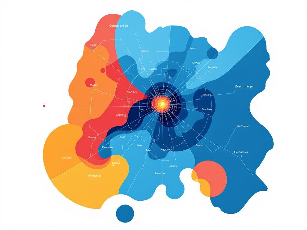 Simplified abstract map representation using geometric shapes and zones in brand colors showing coverage areas