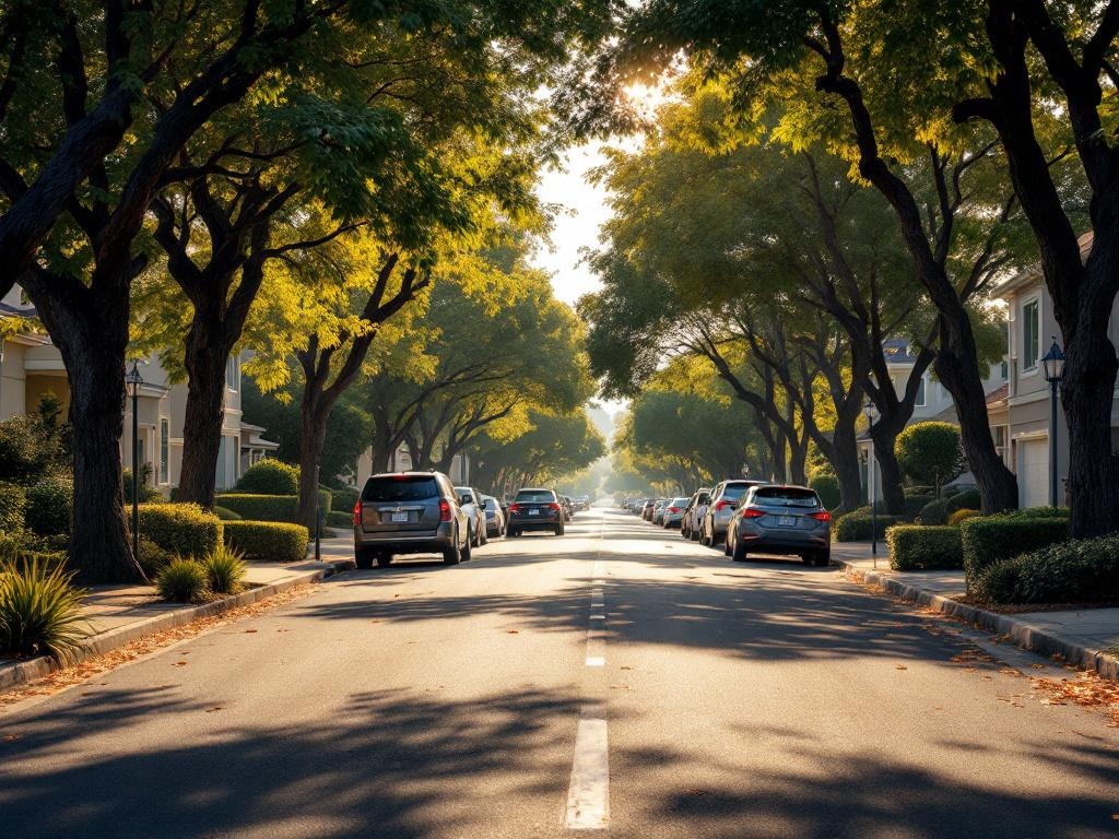 Welcoming California suburban street with tree-lined sidewalks and residential homes during daytime with warm sunlight