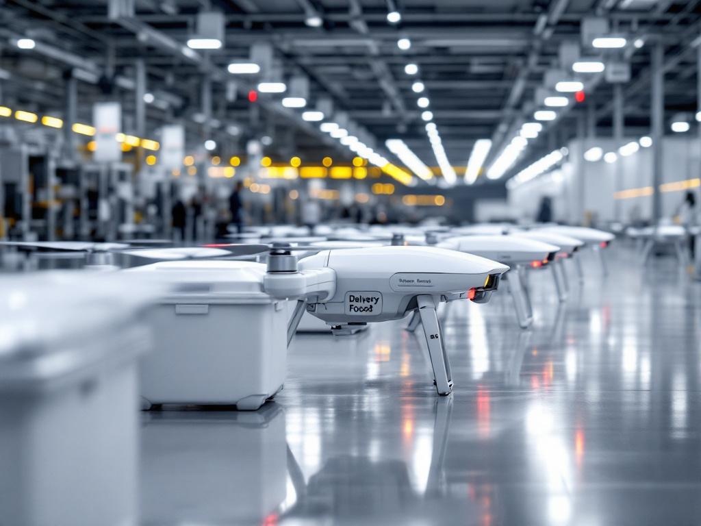 Fleet of white delivery drones with thermal food containers lined up in modern facility with clean industrial aesthetic