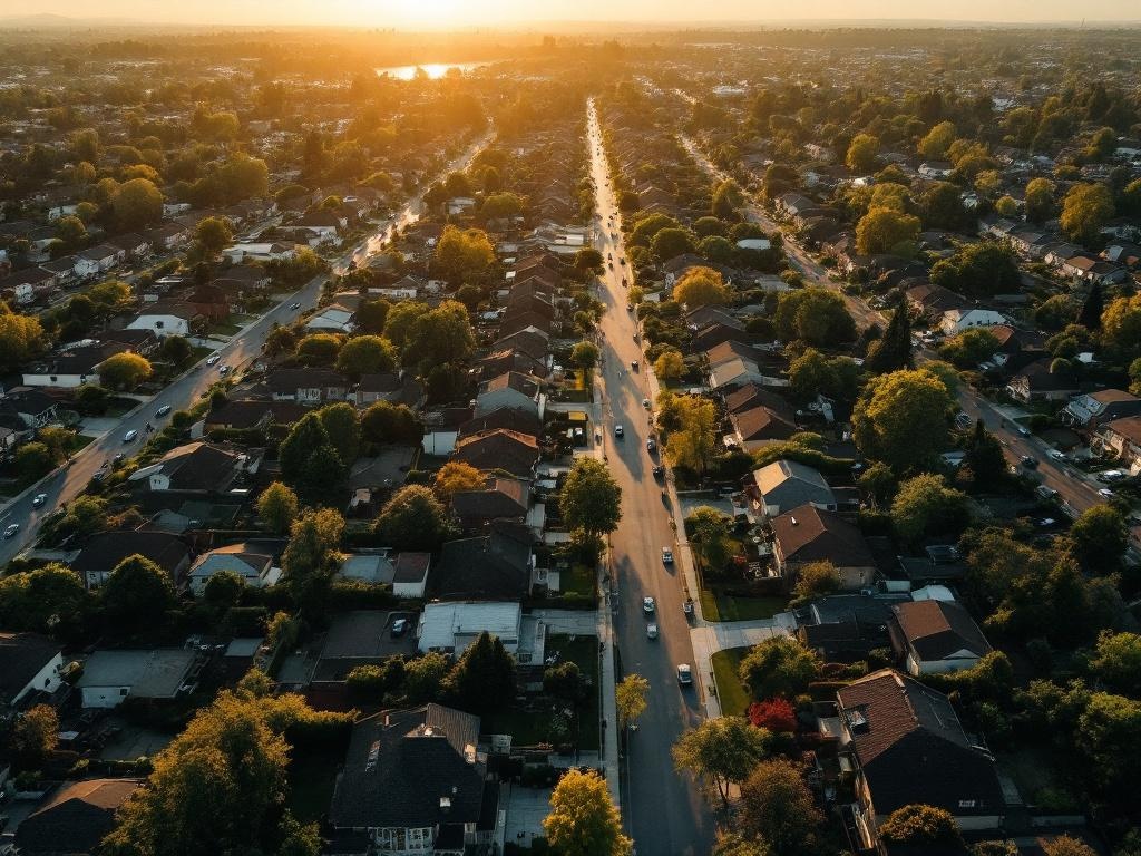Aerial view of suburban neighborhood with residential streets, trees, and rooftops from drone perspective during golden hour