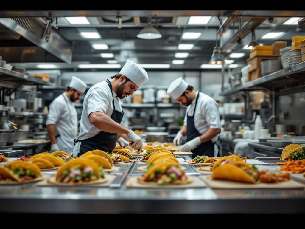 Modern commercial kitchen with chefs preparing fresh tacos at stainless steel prep stations with bright professional lighting