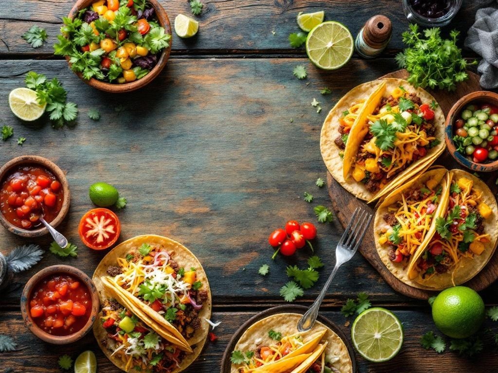 Artfully arranged array of colorful tacos on rustic wooden surface with fresh garnishes, limes, and vibrant salsas